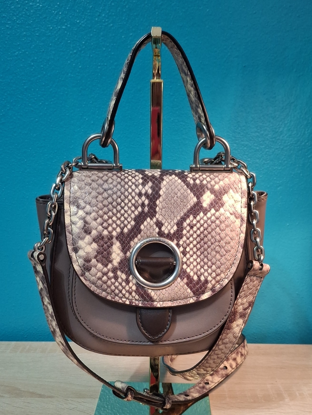 Michael Kors Isadore Taupe Snake-Print Crossbody Satchel Nwot